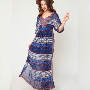 Boho Multicolor Empire Chiffon Indigo Maxi Dress